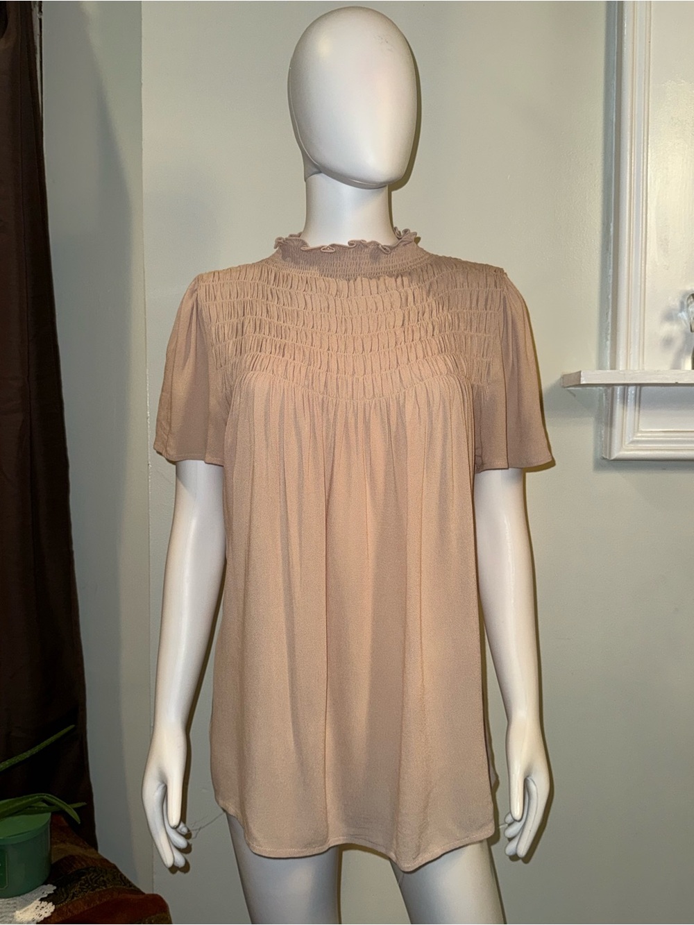 bohme Beige Smocked Mock Neck Flutter Sleeve Top